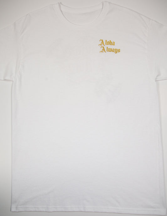 White Aloha Always golden leaf tee